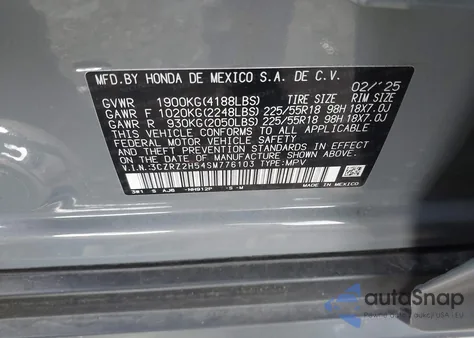 2025 Honda Hr-V Awd Sport from USA, damaged, VIN 3CZRZ2H54SM776103